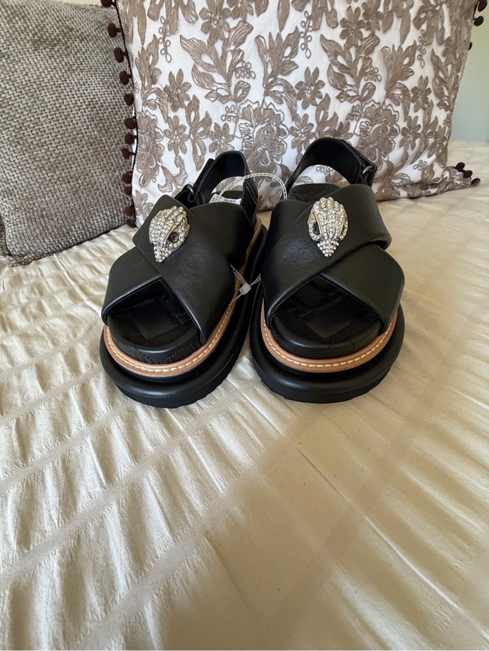 Kurt Geiger Black Leather Crisscross Sandals with Crystal Teardrop